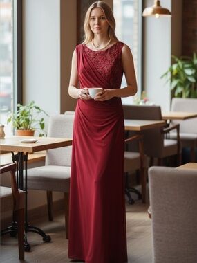 R&M Richards Red One Shoulder Ruched Gown